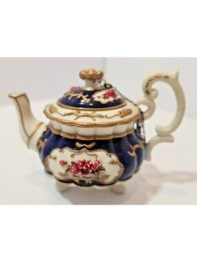 Vtg Nini Small Collectible Resin Teapot Shalimar Cobalt Blue Trinket Box Floral